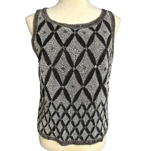 Vintage Y2K Papell Boutique Silk Glitter Beaded Black Silver Top Size 6 Medium